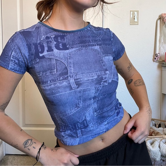 SOLD Vintage Mesh Denim Pattern Top - Picture 3 of 6
